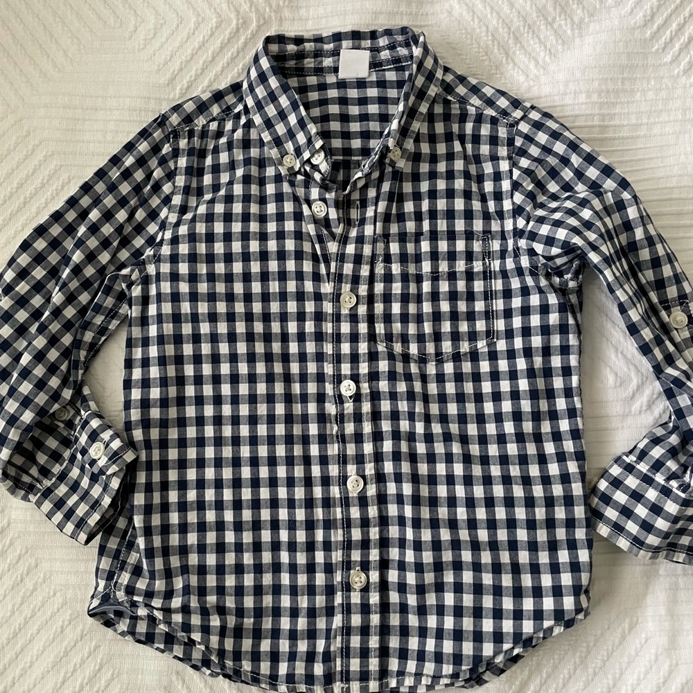 Navy and white plaid button down shirt